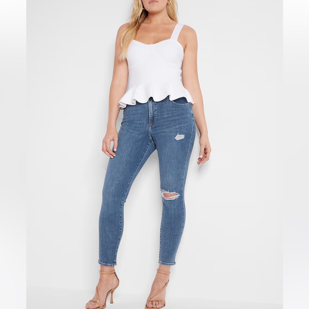 Express Mid Rise 4-Way Hyper Stretch Medium Wash Ripped Skinny Jeans